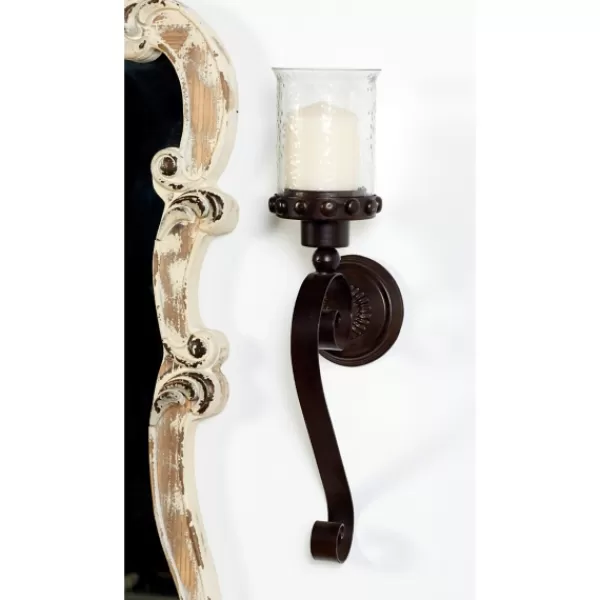 Sconces-Kirkland's Home Scrolled Wrought Iron And Glass Hurricane Sconce