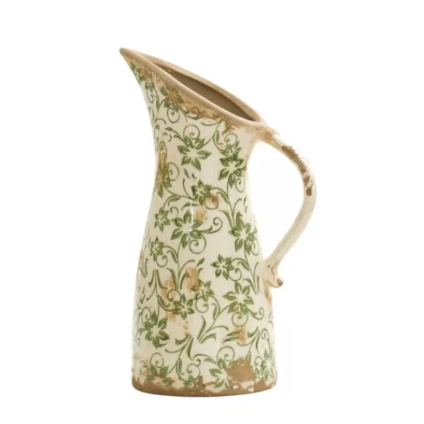 Vases-Kirkland's Home Shabby Chic Floral Scroll Pitcher Vase Ivory/Tan/Green