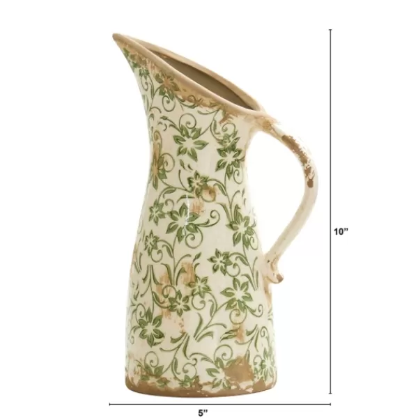 Vases-Kirkland's Home Shabby Chic Floral Scroll Pitcher Vase Ivory/Tan/Green