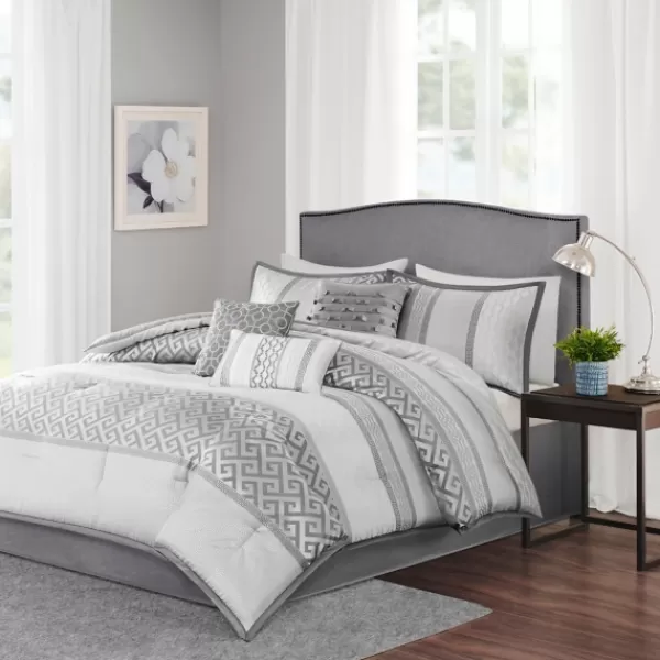 Comforters-Kirkland's Home Silver Geometric Stripes 7-Pc. King Comforter Set Silver/White