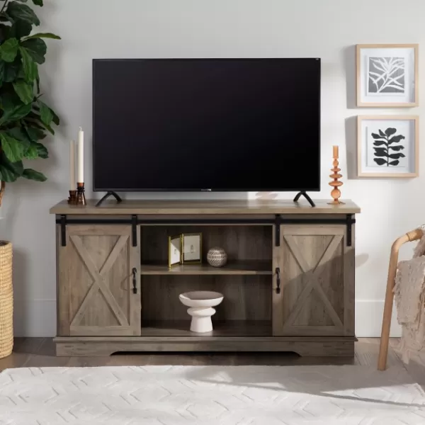 Tv Stands & Media Consoles-Kirkland's Home Sliding Barn Door Open Shelf Wash Tv Stand Gray