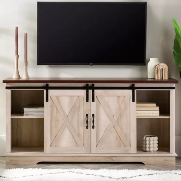 Tv Stands & Media Consoles-Kirkland's Home Sliding Barn Door Open Shelf White Tv Stand Ivory