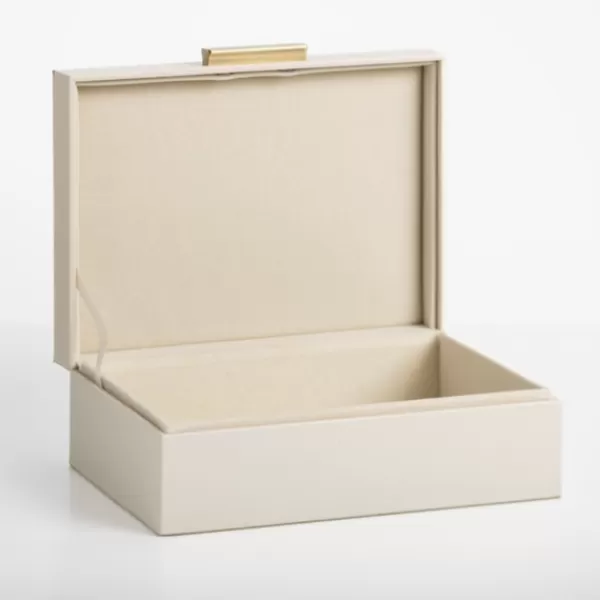 Baskets & Boxes-Kirkland's Home Small Beige Leather Brass Handle Box Ivory