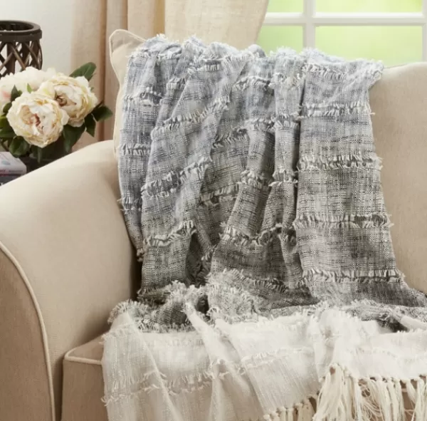 Blankets & Throws-Kirkland's Home Soft Blue Textured Striped Tassel Throw Blue/White