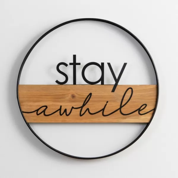 Wall Quotes & Signs-Kirkland's Home Stay Awhile Metal And Wood Wall Plaque Black/Tan