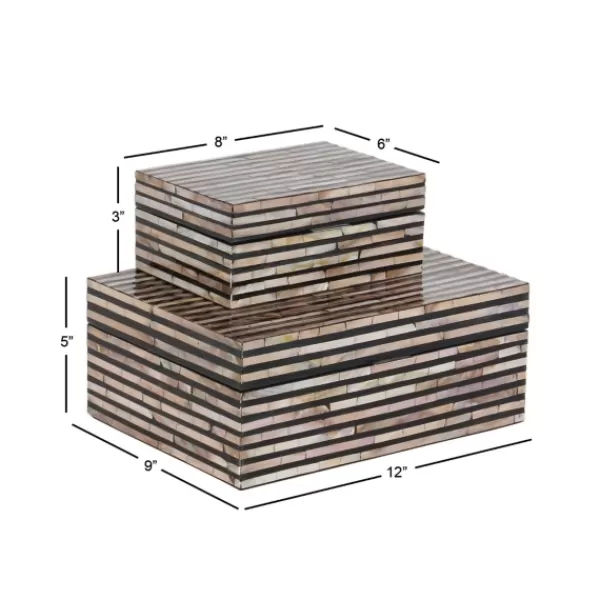Baskets & Boxes-Kirkland's Home Striped Mother Of Pearl Shell Wood Boxes, Set Of 2 Tan/Gray