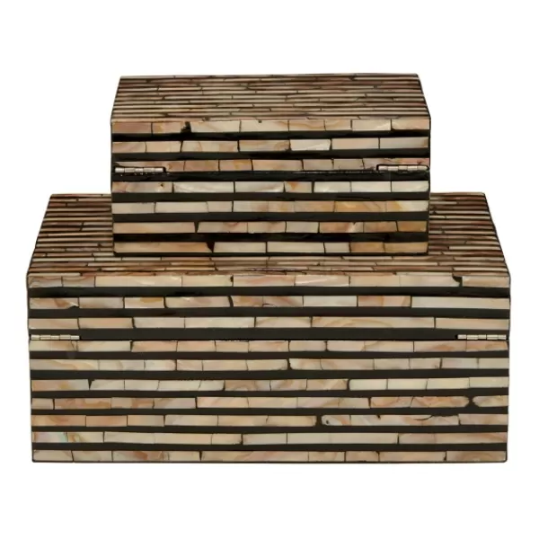 Baskets & Boxes-Kirkland's Home Striped Mother Of Pearl Shell Wood Boxes, Set Of 2 Tan/Gray