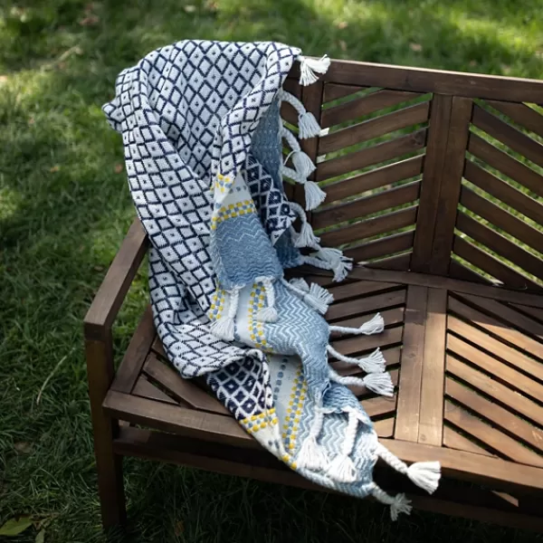 Blankets & Throws-Kirkland's Home Sunshine Diamond Pattern Outdoor Throw Blanket White/Blue/Yellow
