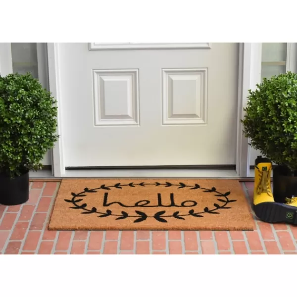 Doormats-Kirkland's Home Tan And Black Evergreen Hello Doormat, 36X24 In. Tan/Black