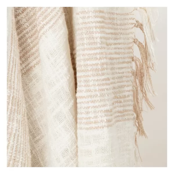 Blankets & Throws-Kirkland's Home Tan And Ivory Striped Woven Cotton Throw Tan/Ivory