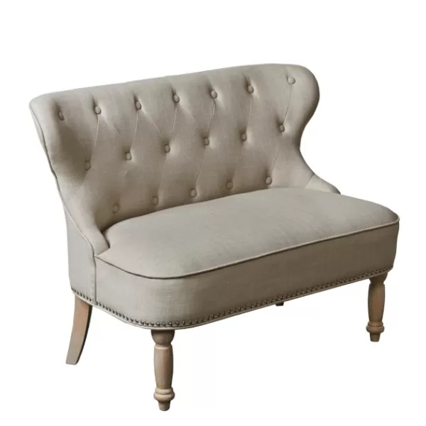 Sofas & Loveseats-Kirkland's Home Taupe Button Tufted Nailhead Trim Settee Tan