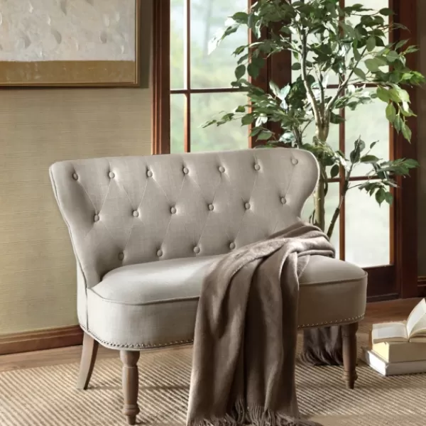 Sofas & Loveseats-Kirkland's Home Taupe Button Tufted Nailhead Trim Settee Tan