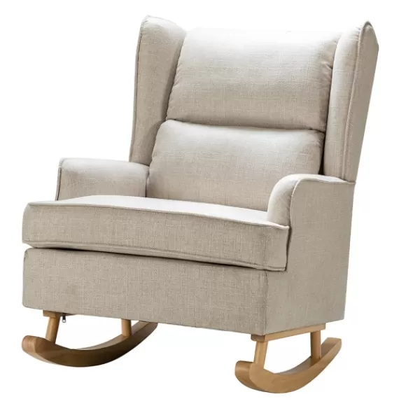 Accent Chairs-Kirkland's Home Taupe Upholstered Natural Base Wingback Rocker Tan