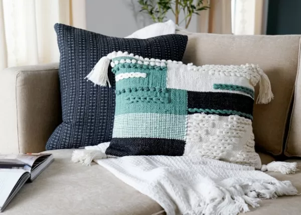 Pillows-Kirkland's Home Teal Braided Color Block Lumbar Pillow Blue/White/Black