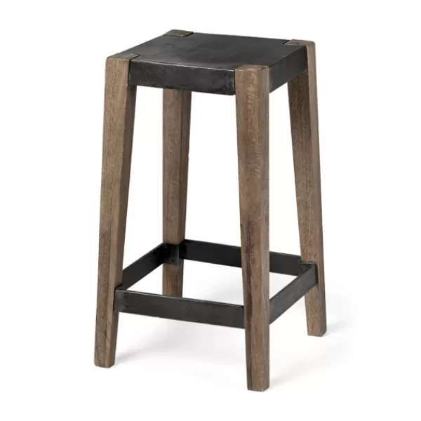 Bar Stools & Counter Height Stools-Kirkland's Home Terry Black Metal And Brown Wood Counter Stool Black/Brown