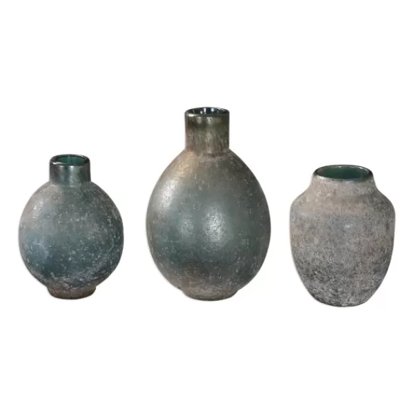 Vases-Kirkland's Home Textured Rust Ivory Glazed Vases, Set Of 3 Gray/Blue