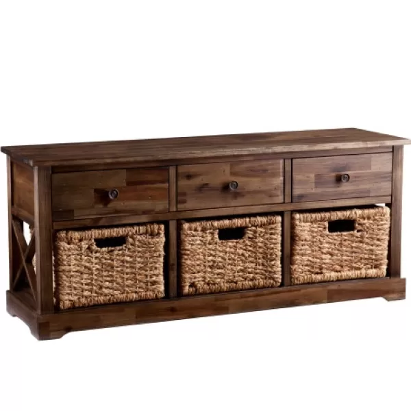 Entryway Furniture-Kirkland's Home Tommy Wood And Woven Baskets Storage Bench Brown