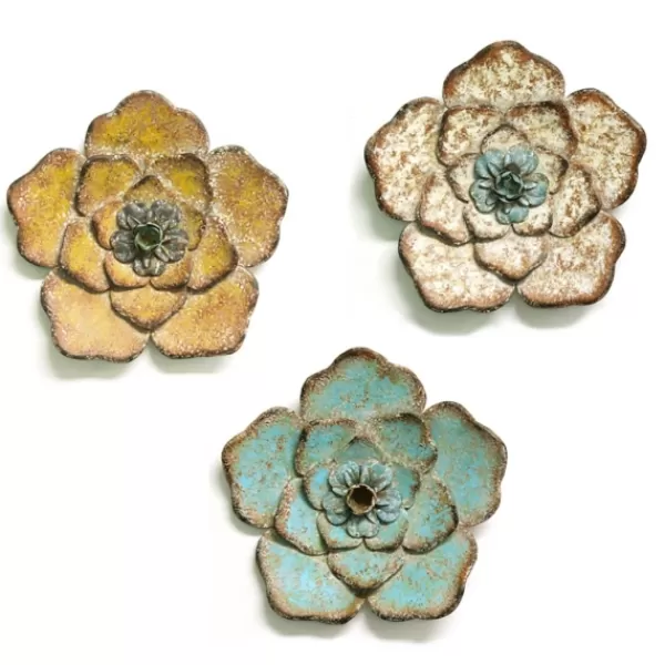 Wall Plaques-Kirkland's Home Tri-Colored Rustic Flower Wall Plaques, Set Of 3 Blue/White/Yellow