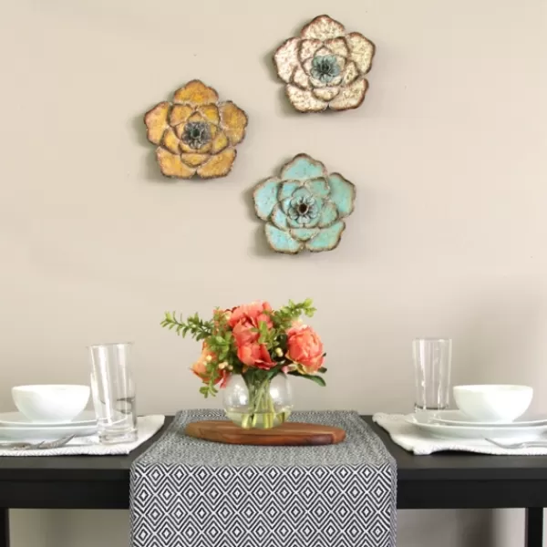 Wall Plaques-Kirkland's Home Tri-Colored Rustic Flower Wall Plaques, Set Of 3 Blue/White/Yellow