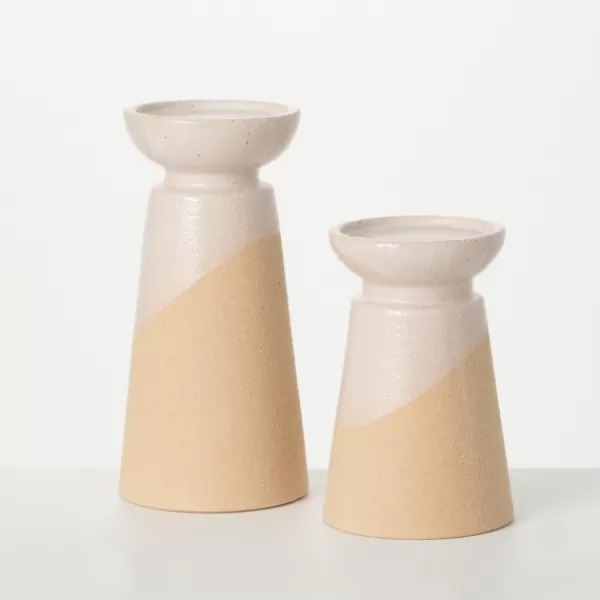 Candle Holders-Kirkland's Home Two-Toned Cream Pillar Candle Holders, Set Of 2 Ivory/Tan