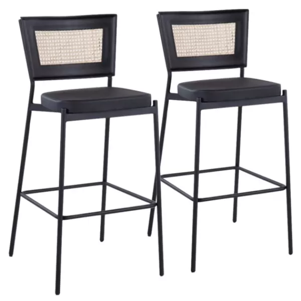 Bar Stools & Counter Height Stools-Kirkland's Home Vegan Leather And Rattan Bar Stools, Set Of 2 Black/Tan