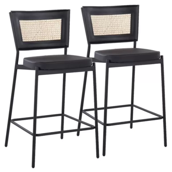 Bar Stools & Counter Height Stools-Kirkland's Home Vegan Leather And Rattan Counter Stools, Set Of 2 Black/Tan
