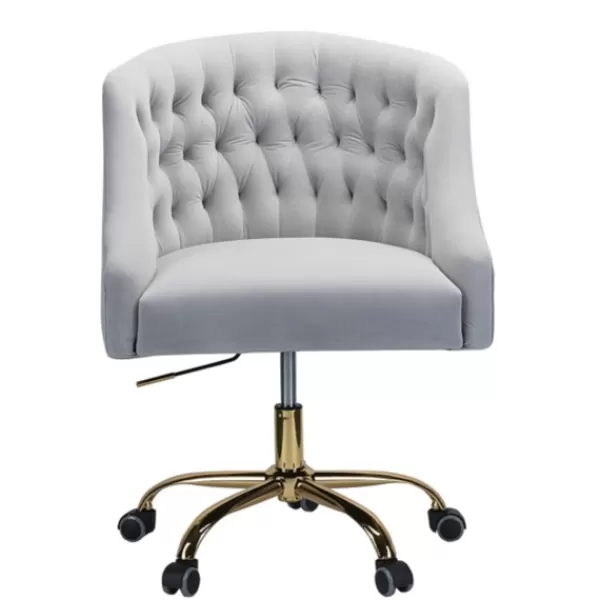 Office Furniture-Kirkland's Home Velvet Tufted Gold Leg Swivel Office Chair Gray