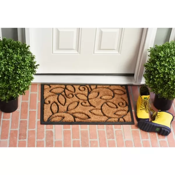 Doormats-Kirkland's Home Vine Leaves Swirl Doormat, 36X24 In. Tan/Black
