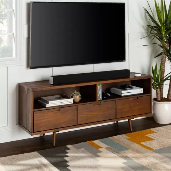 Tv Stands & Media Consoles-Kirkland's Home Walnut 3-Door Mid-Century Modern Tv Stand Brown