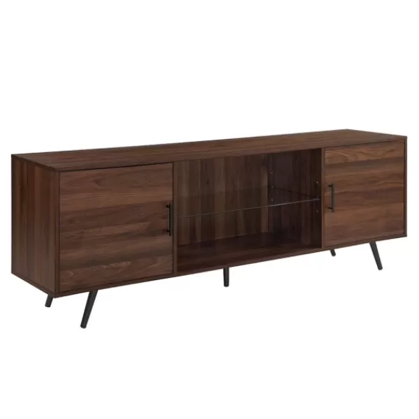 Tv Stands & Media Consoles-Kirkland's Home Walnut Mid-Century Modern Glass Shelf Tv Stand Brown