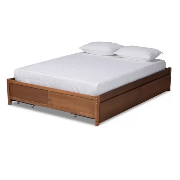 Beds & Headboards-Kirkland's Home Walnut Wood 4-Drawer King Platform Bed Brown