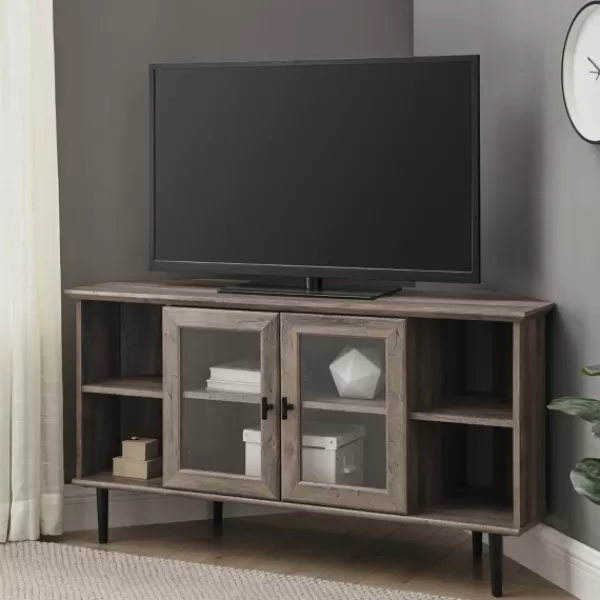 Tv Stands & Media Consoles-Kirkland's Home Washed Glass Door Corner Tv Stand Gray
