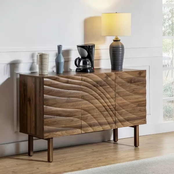 Cabinets & Sideboards-Kirkland's Home Wavy Wood 3-Door Sideboard Cabinet Brown