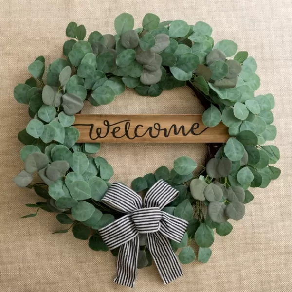 Wreaths-Kirkland's Home Welcome Bow Eucalyptus Wreath, 24 In. Green/Brown/Black