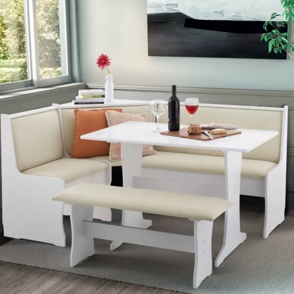 Dining Sets-Kirkland's Home White And Beige Upholstered 3-Pc Dining Nook Set Tan
