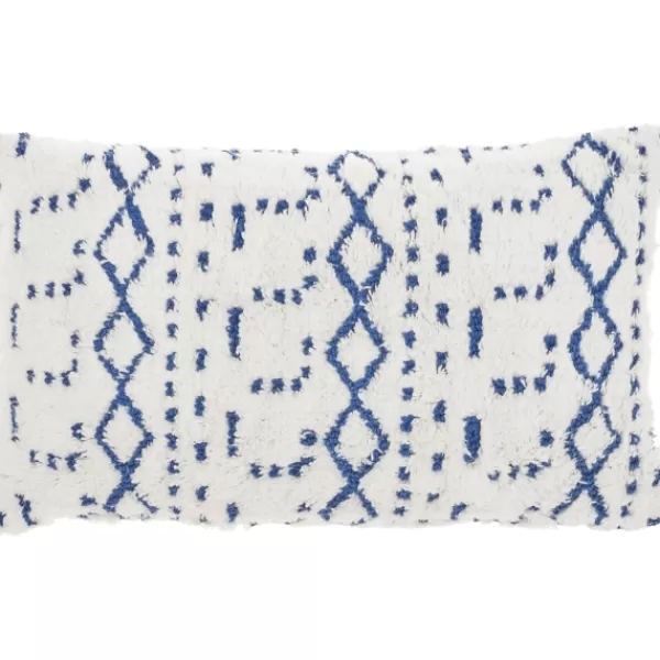 Pillows-Kirkland's Home White And Blue Tufted Geo Lumbar Pillow White/Blue