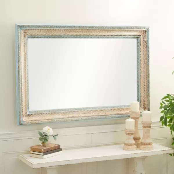 Framed Mirrors-Kirkland's Home White And Blue Wood Frame Mirror, 32X48 In.