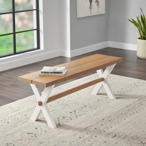 Dining Chairs-Kirkland's Home White And Natural Wood X-Frame Dining Bench White/Tan