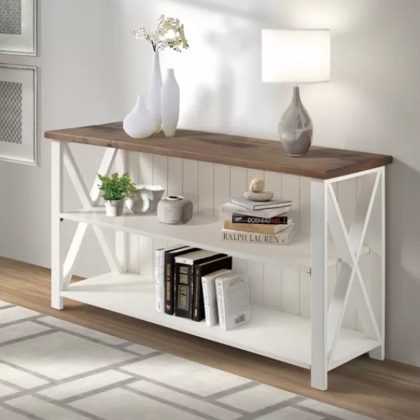 Console Tables-Kirkland's Home White And Rustic Oak Wood Farmhouse Console Table White/Brown
