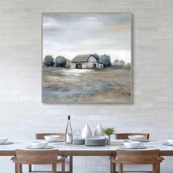 Canvas Art-Kirkland's Home White Barn In Pasture Framed Canvas Art Print Gray