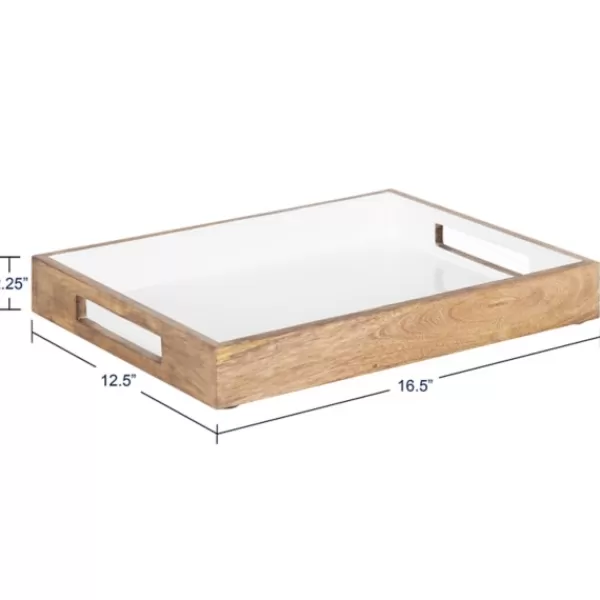 Decorative Trays-Kirkland's Home White Enameled Rectangle Mango Wood Tray Tan/White