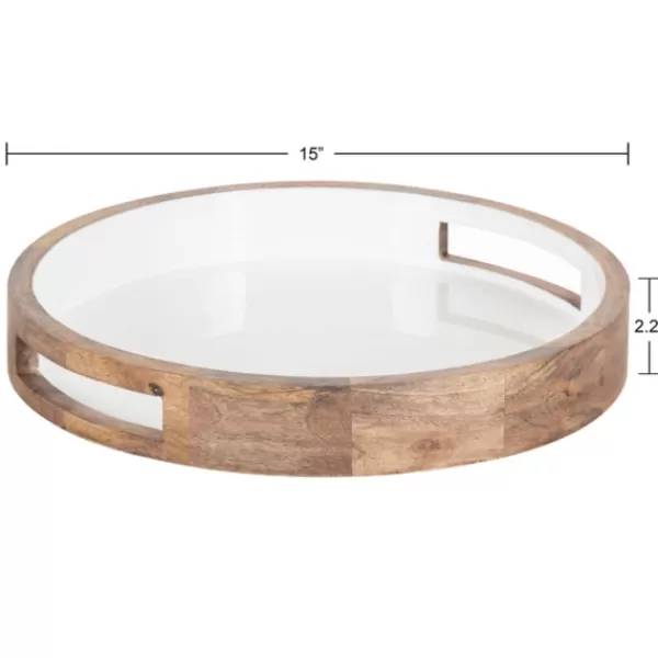 Decorative Trays-Kirkland's Home White Enameled Round Mango Wood Tray Tan/White