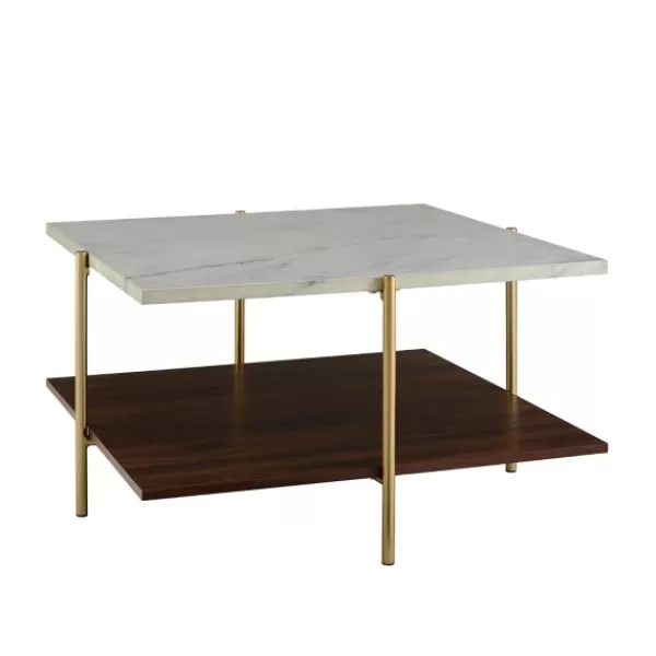 Coffee Tables-Kirkland's Home White Faux Marble And Brown Wood Coffee Table White/Gold