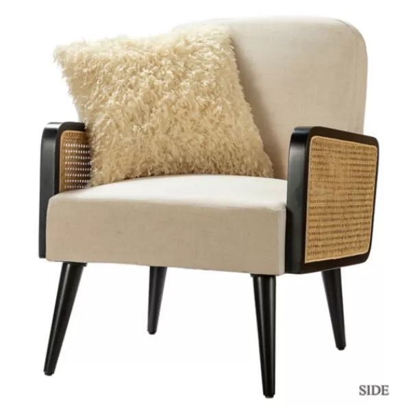 Accent Chairs-Kirkland's Home White Linen And Rattan Accent Chair Ivory