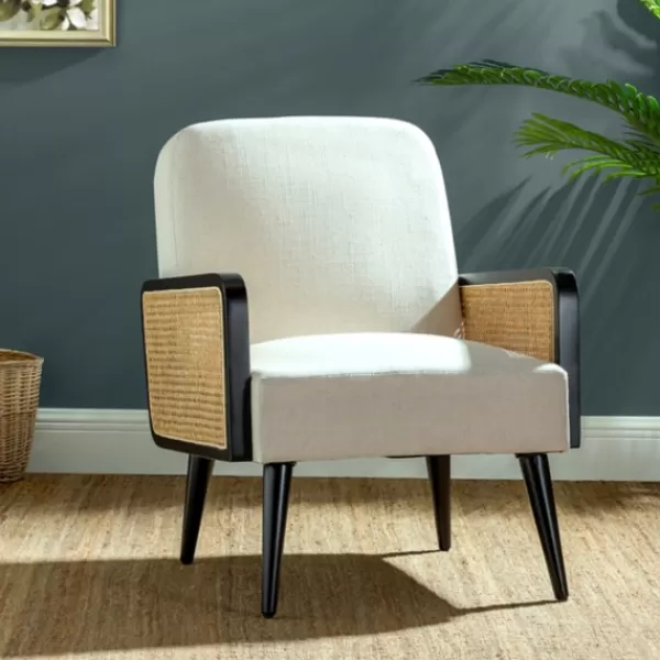 Accent Chairs-Kirkland's Home White Linen And Rattan Accent Chair Ivory