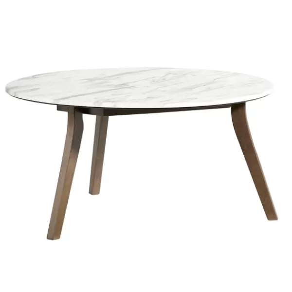 Coffee Tables-Kirkland's Home White Marble And Wood Round Coffee Table Tan
