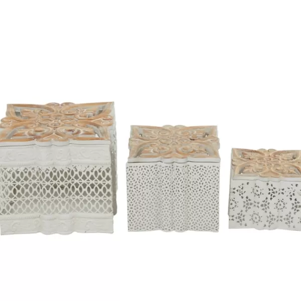 Baskets & Boxes-Kirkland's Home White Metal And Carved Wood Boxes, Set Of 3 White/Brown