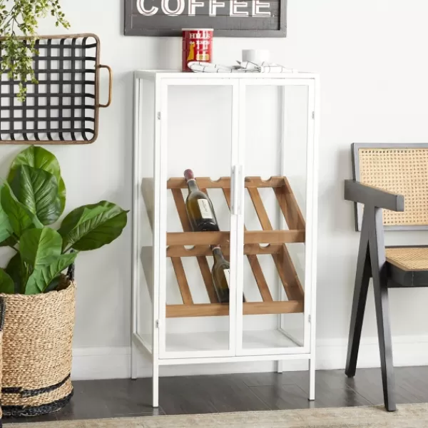 Kitchen Islands & Bar Carts-Kirkland's Home White Metal And Natural Wood 2-Door Bar Cabinet