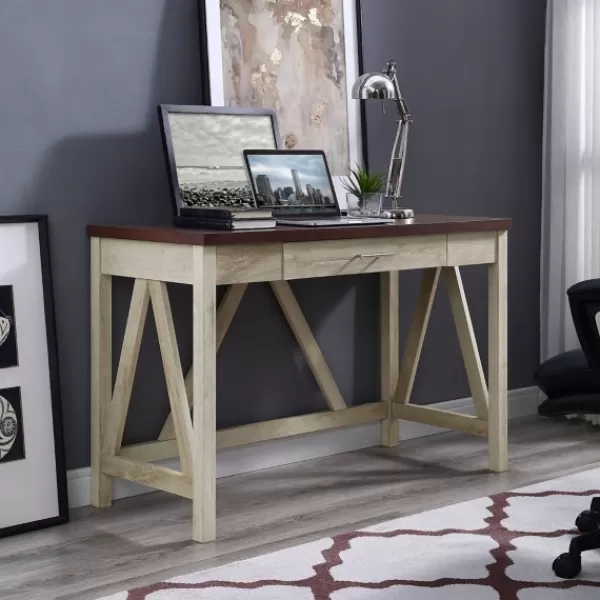 Office Furniture-Kirkland's Home White Oak Farmhouse A-Frame Desk With Brown Top