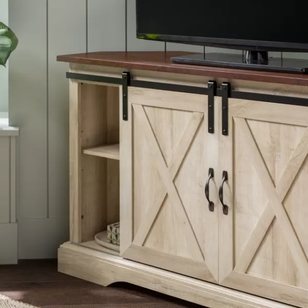 Tv Stands & Media Consoles-Kirkland's Home White Oak Sliding Barn Doors Corner Tv Stand Ivory